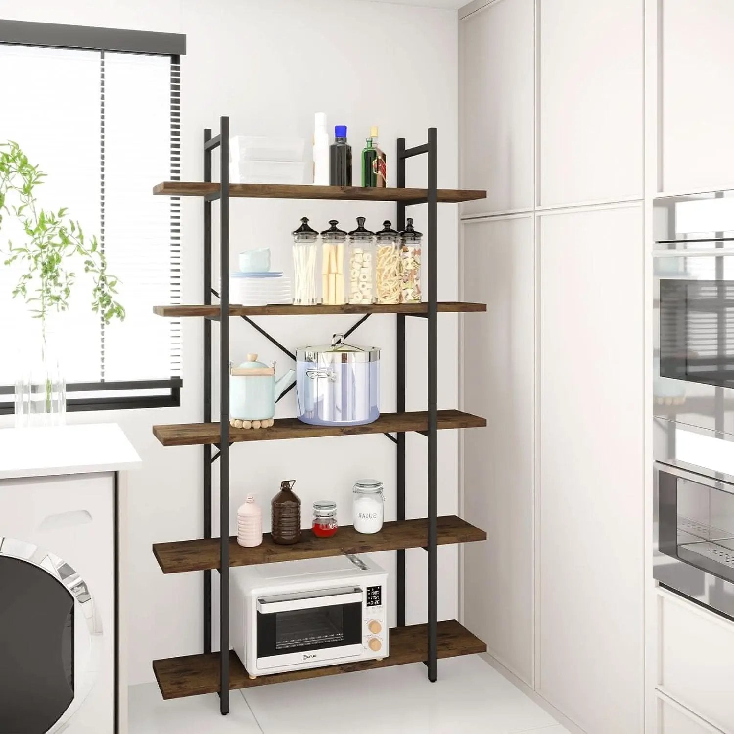 Five Tier Bookshelf Organizer Rustic Brown Metal Shelving from PriceLows™