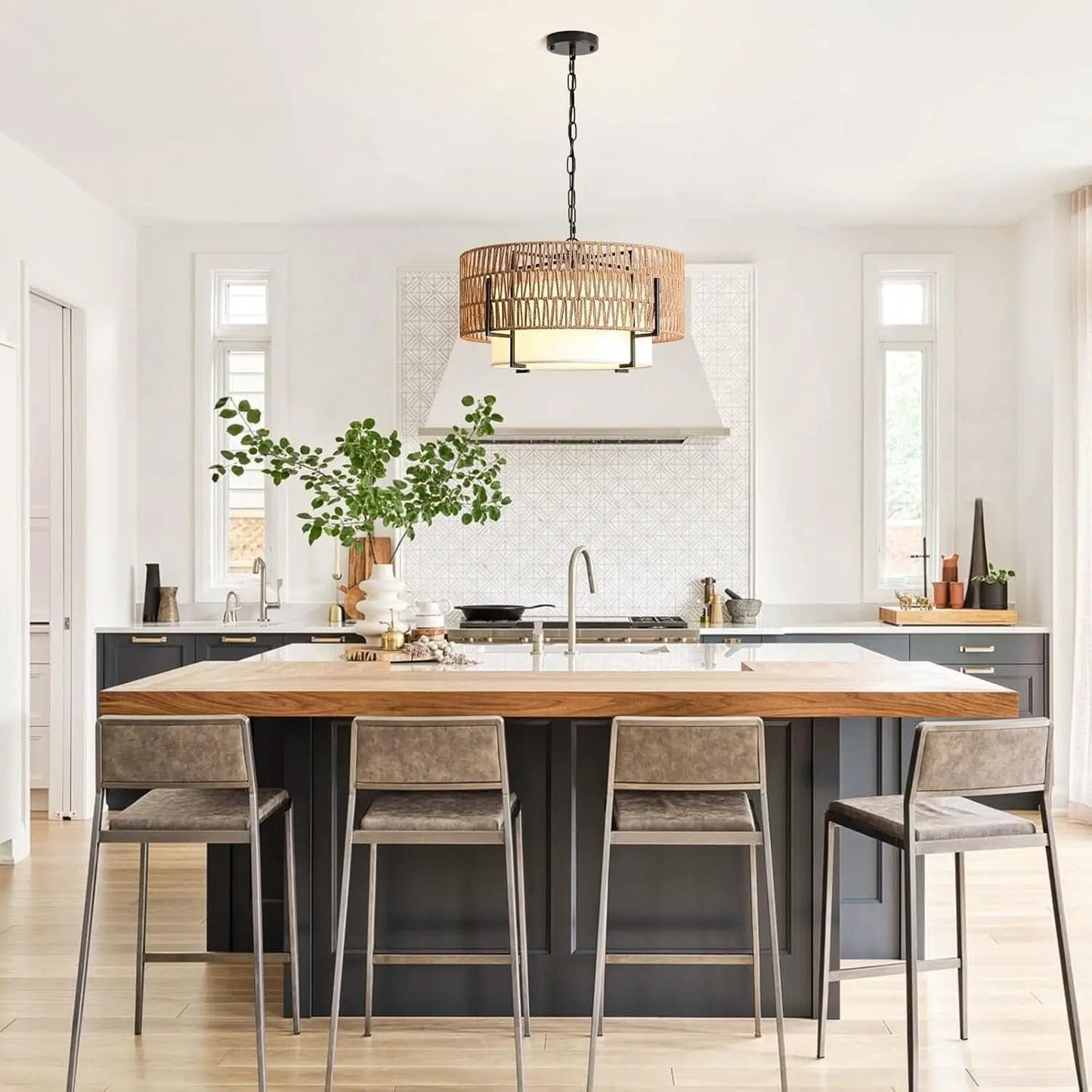Boho Rattan Chandelier Pendant Light Natural Finish from PriceLows™