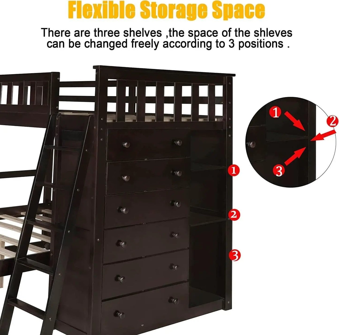 Espresso Twin Over Full Bunk Bed With Six Drawers Shelves from PriceLows™