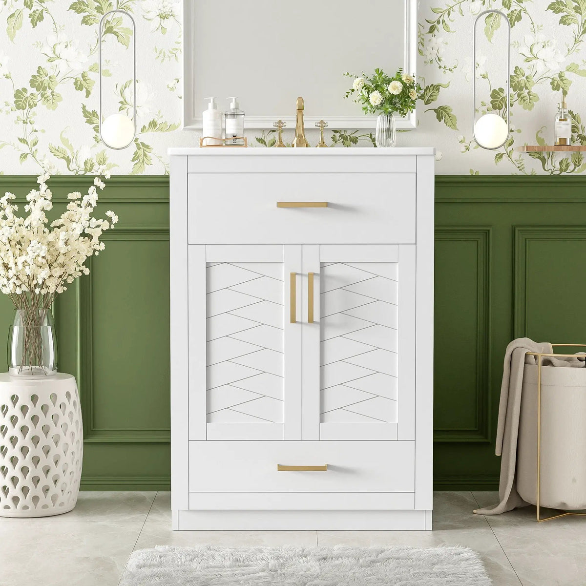 24 Inch Modern Vanity | Integrated Ceramic Sink | 2 Door Cabinet | Tip-Out Drawer