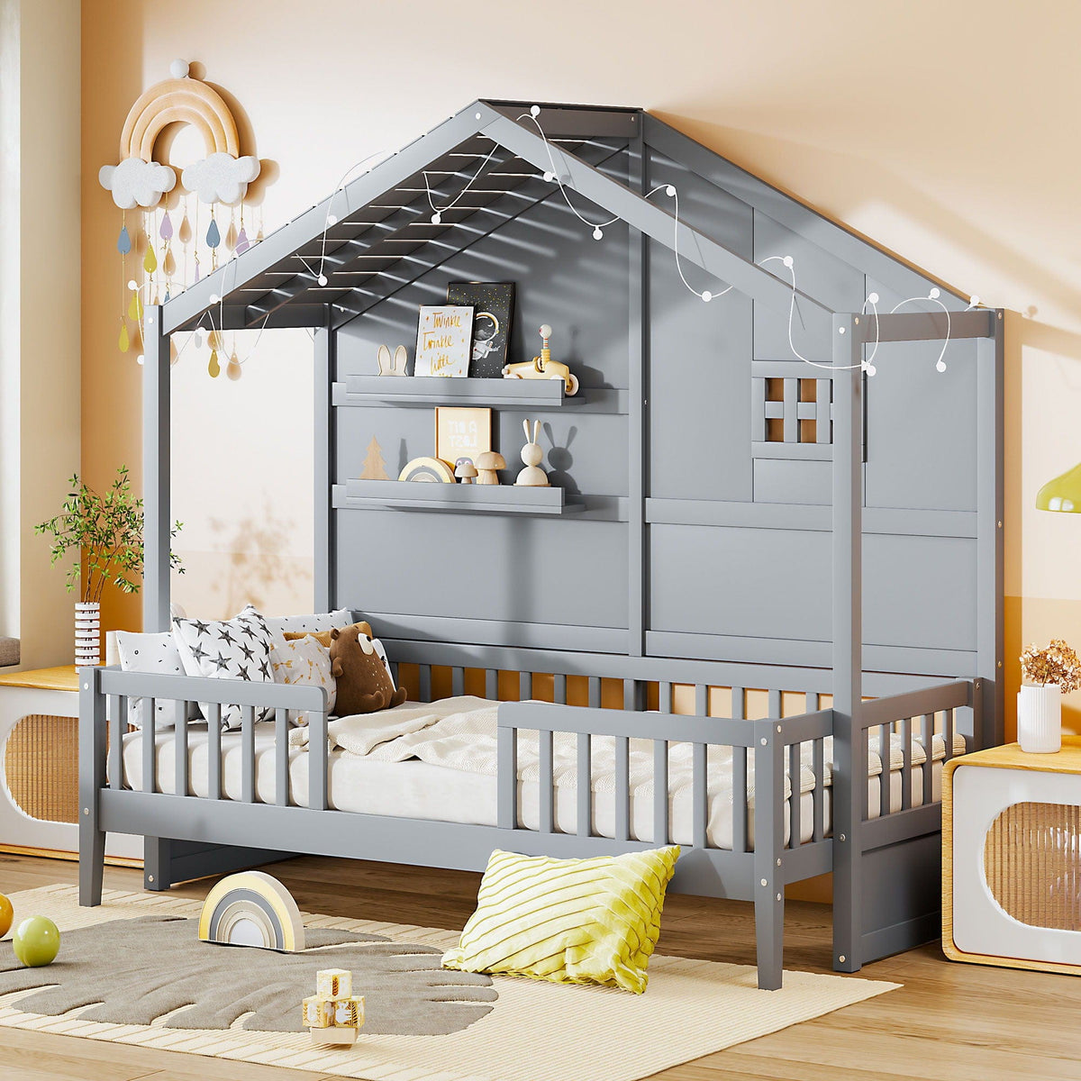 House Bed With Shelves, Window And Sparkling Light Strip On The Roof | 2 Pieces | Bedroom Furniture | Bedroom