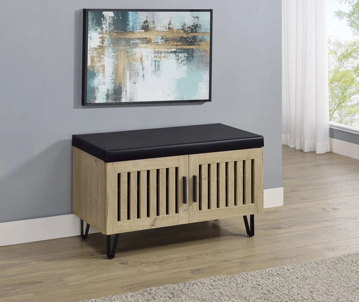 Brixton 2-door Padded Entryway Shoe Storage Bench White Shoe Cabinet | 31.5 x 15 x 19 in | Faux Leather & Metal | Oak