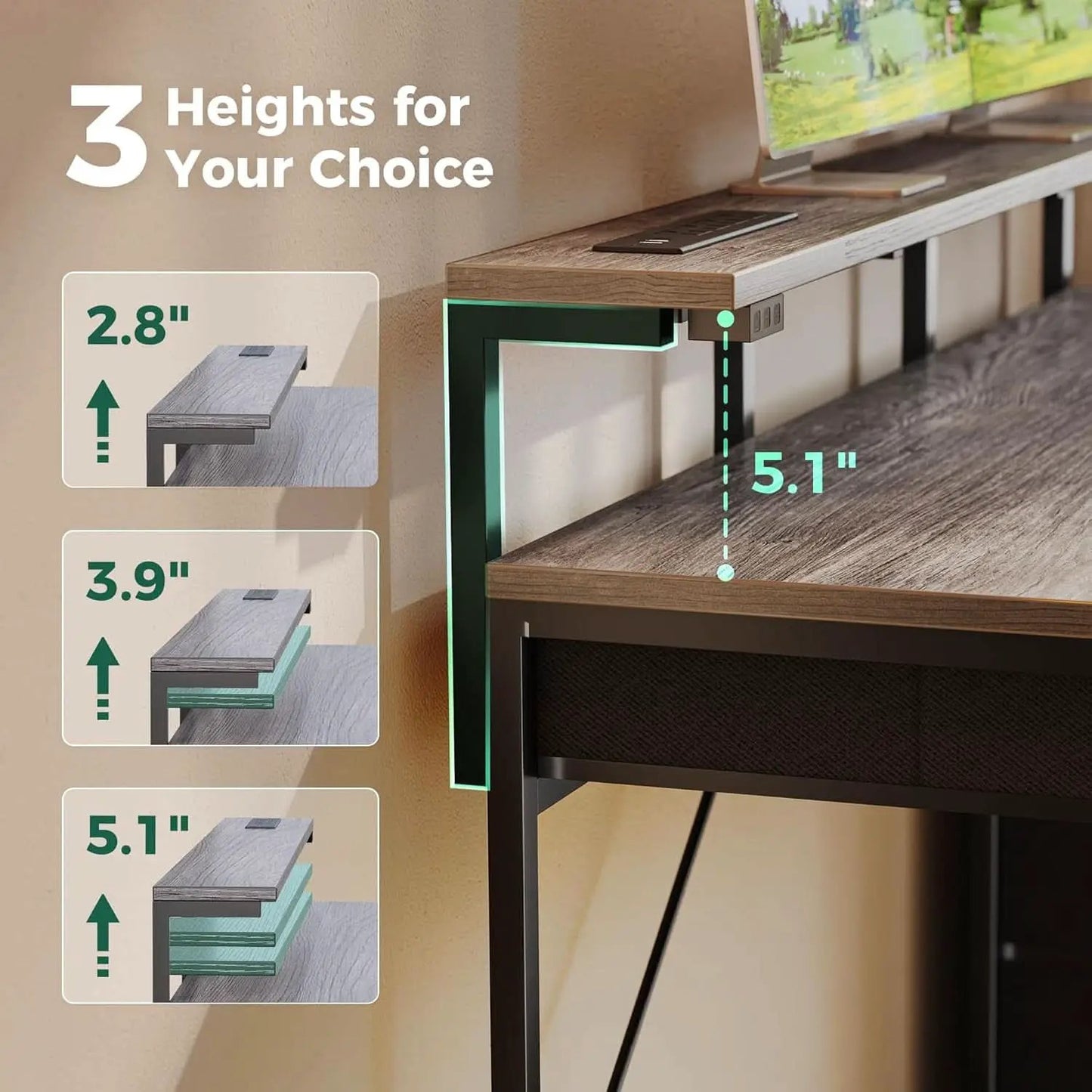 47 Inch Grey Gaming Desk With LED Lights And Drawers from PriceLows™