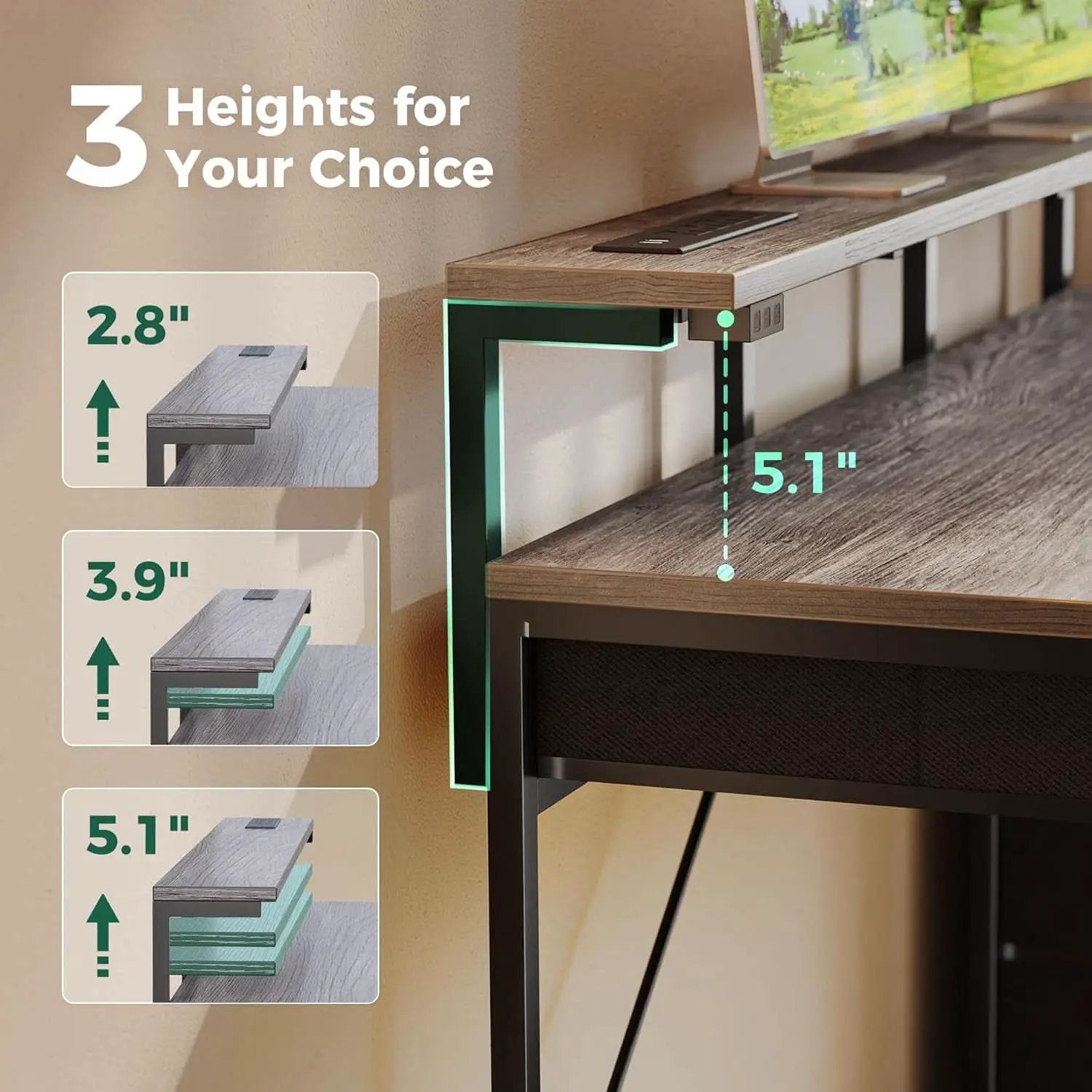 47 Inch Grey Gaming Desk With LED Lights And Drawers from PriceLows™