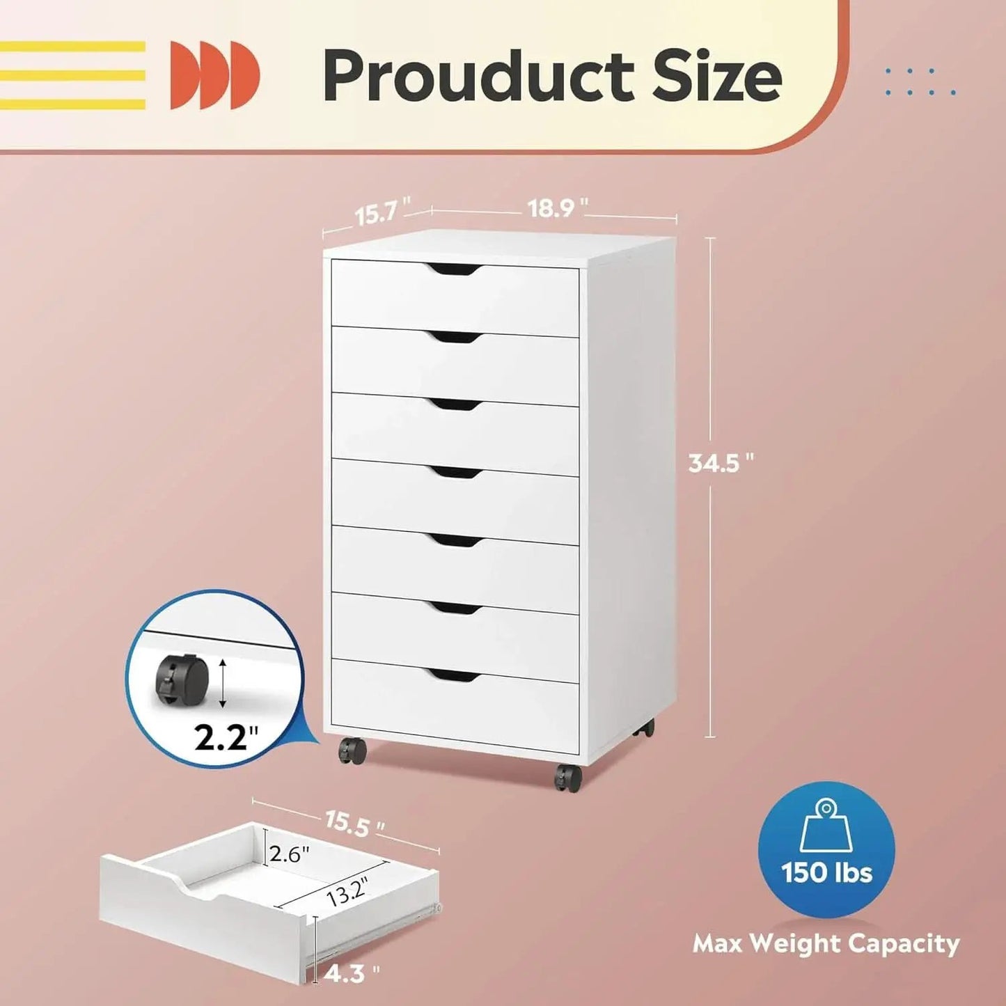 White 7 Drawer Storage Chest With Wheels For Home Office from PriceLows™