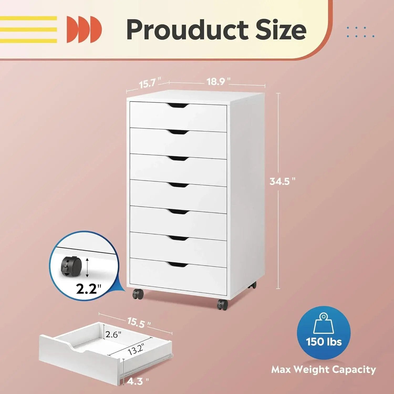 White 7 Drawer Storage Chest With Wheels For Home Office from PriceLows™