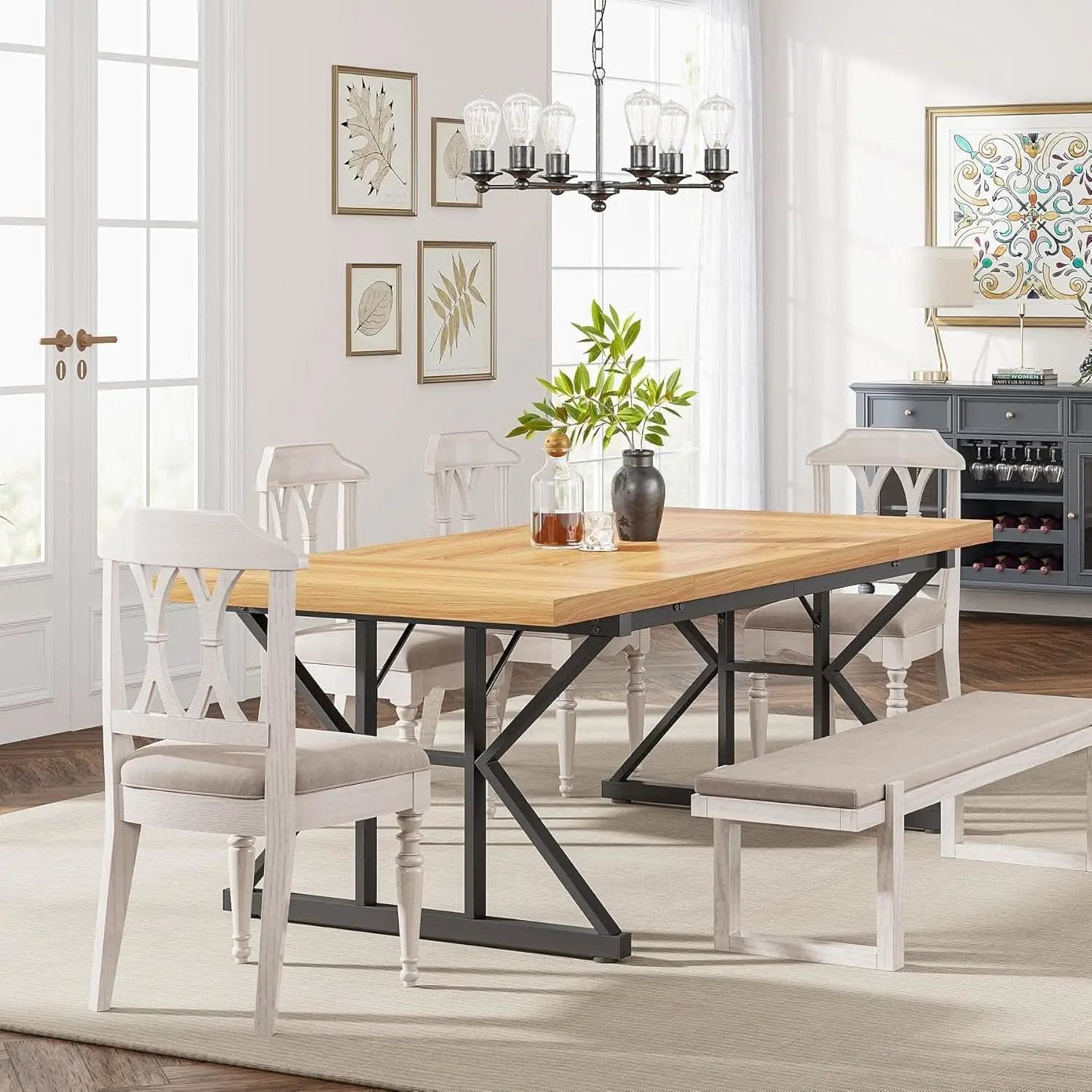 Farmhouse Dining Table 70.8 Inch Wood With Metal Legs from PriceLows™