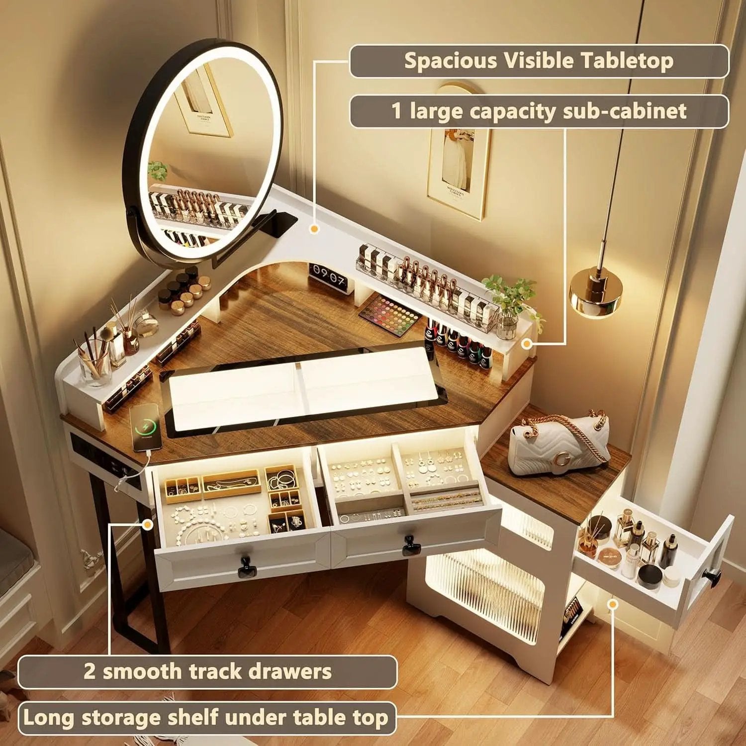 White Corner Vanity Mirror With Built In Charging Station from PriceLows™