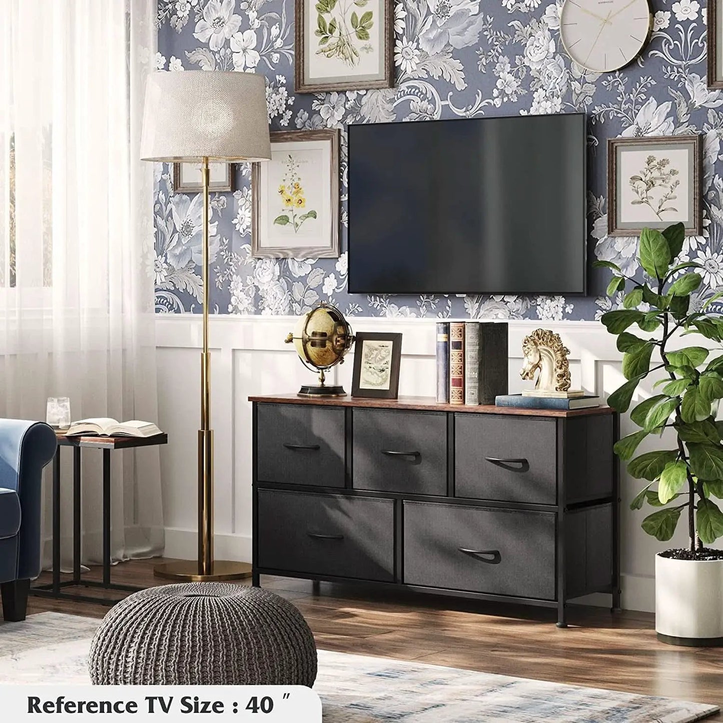 5 Drawer Fabric Dresser With Bins And Wood Top For Bedroom from PriceLows™