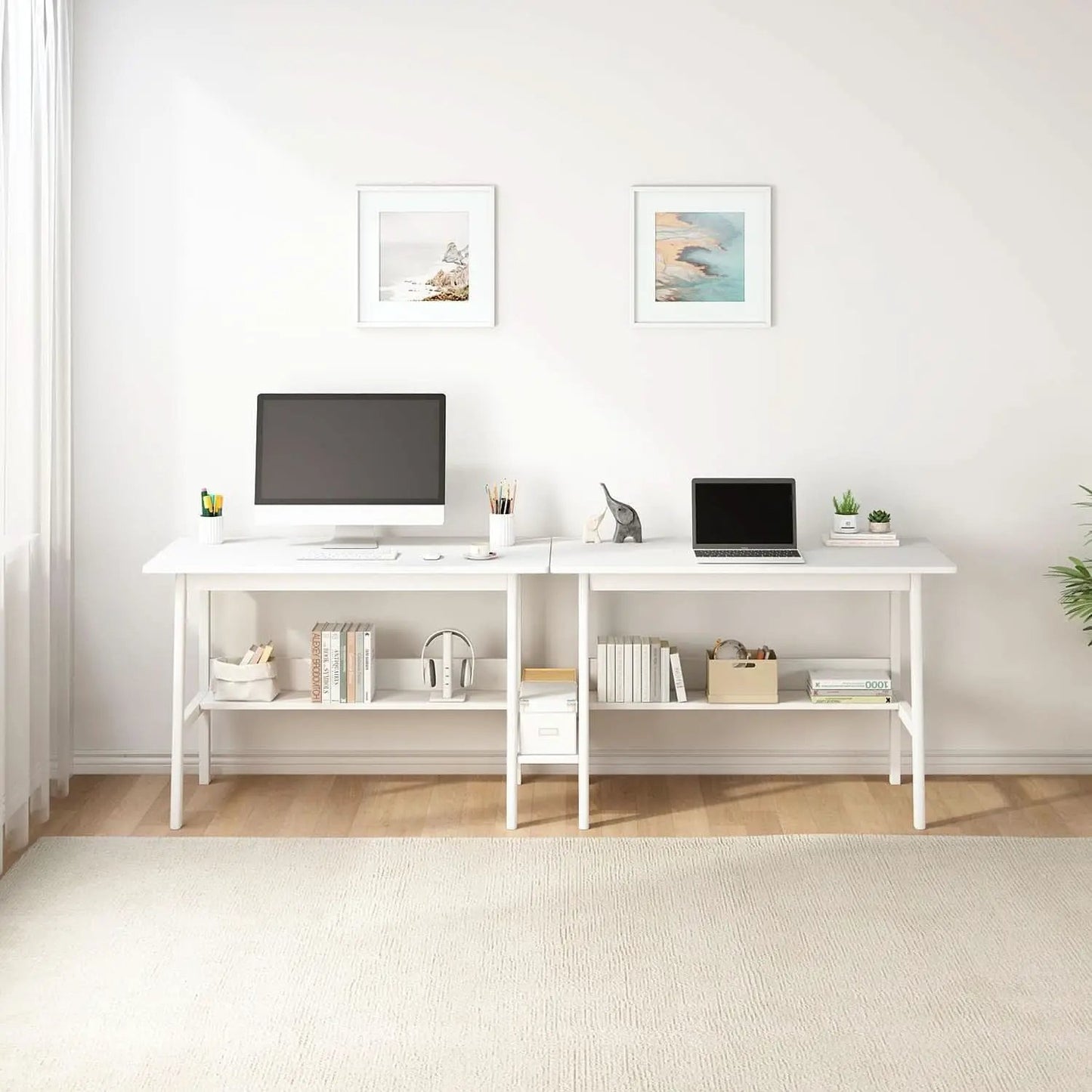 Two Person Desk With BuiltIn Bookshelf 79Inch White from PriceLows™
