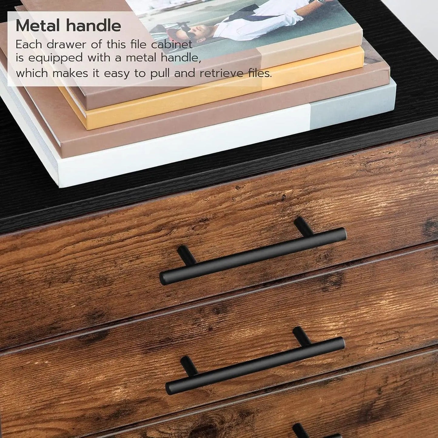 Wooden Three Drawer File Cabinet Under Desk Fits A4 Letter Size Rustic Brown Black Finish With Rolling Storage from PriceLows™
