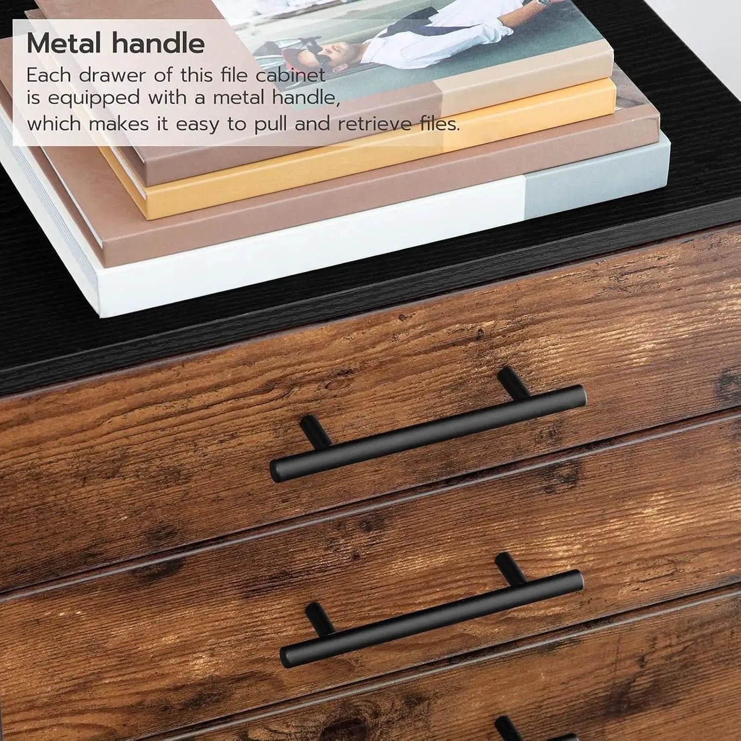 Wooden Three Drawer File Cabinet Under Desk Fits A4 Letter Size Rustic Brown Black Finish With Rolling Storage from PriceLows™
