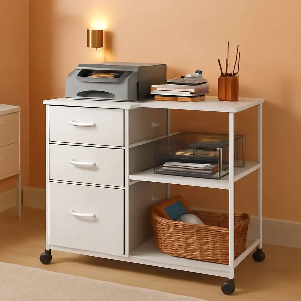 3 Drawer Mobile File Cabinet With Rolling Printer Stand And Open Storage Shelf White from PriceLows™