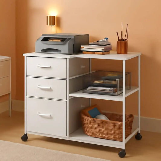 3 Drawer Mobile File Cabinet With Rolling Printer Stand And Open Storage Shelf White from PriceLows™