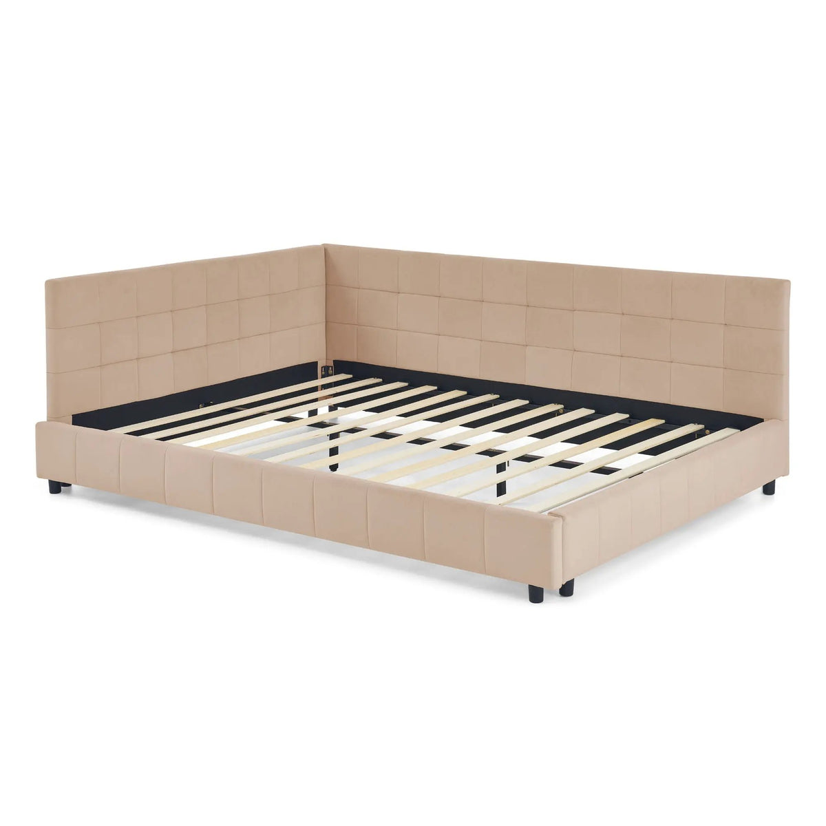 Mid-Century Storage Bed Frame | Upholstered Tufted Design | Backrest And Armrests | Bed Or Sofa Use