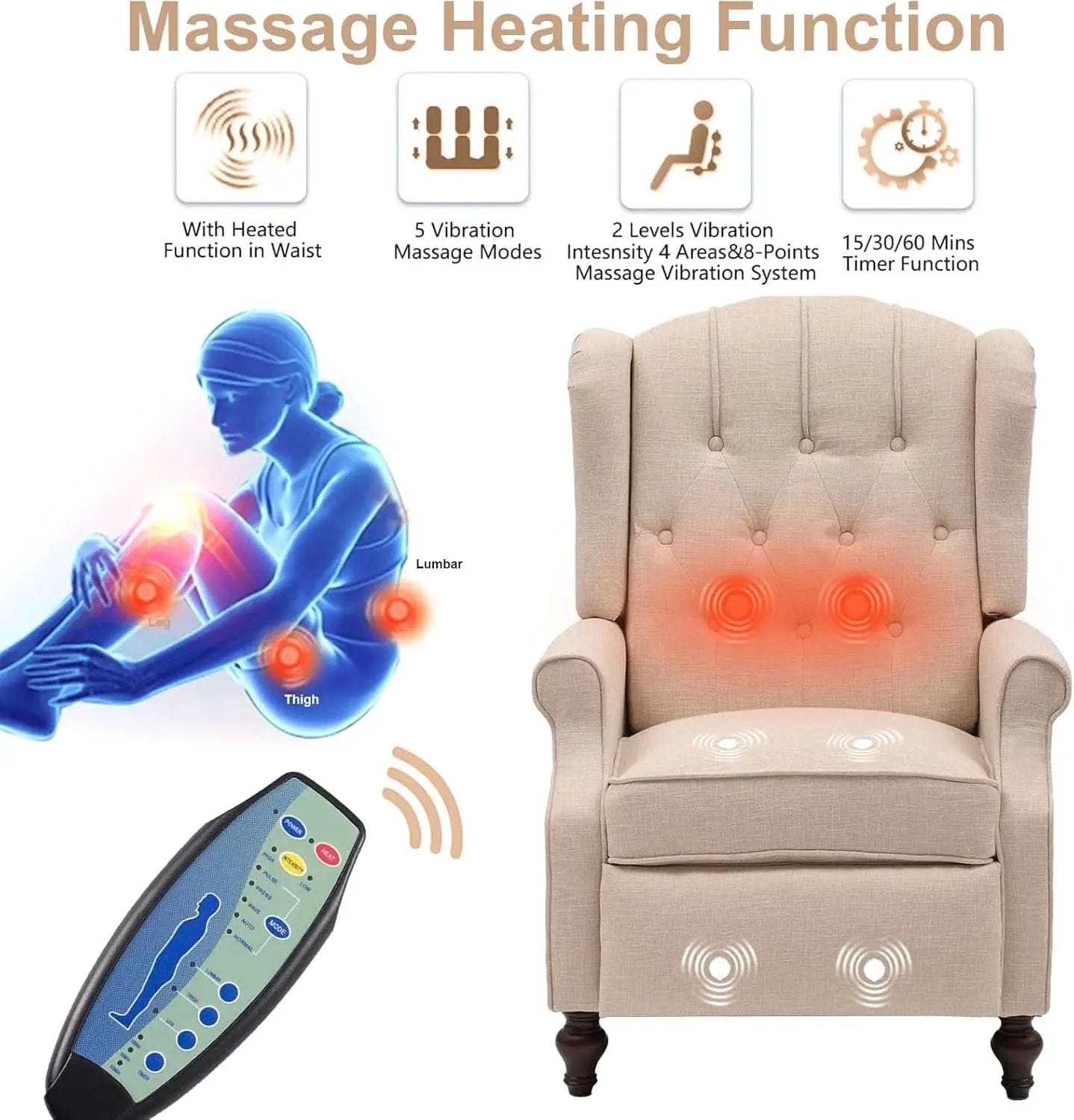 Beige Wingback Pushback Recliner With Massage Heat from PriceLows™