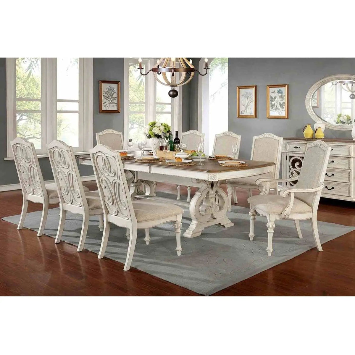 Rustic Dining Set | 96 Inch Table | Upholstered Chairs | Intricate Wood Inlay Details