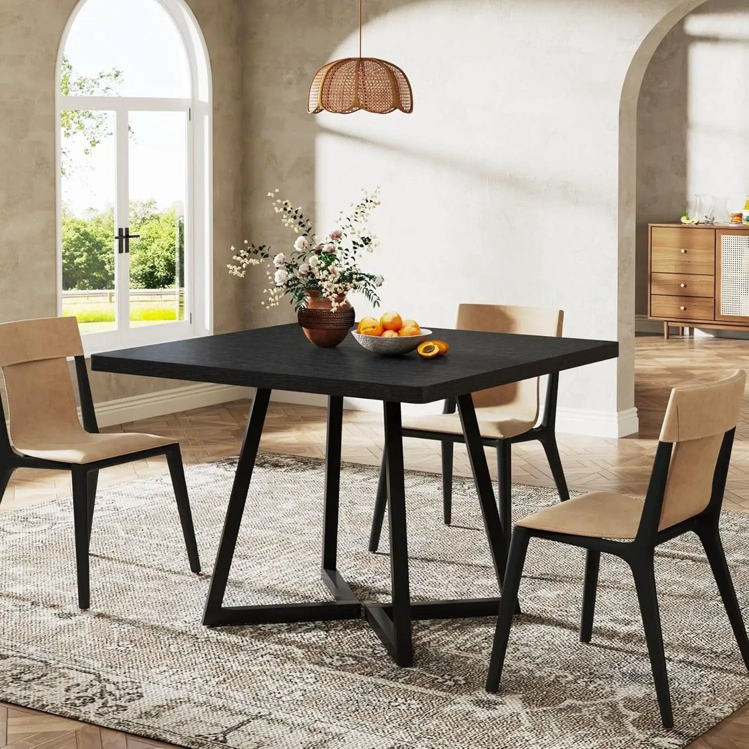 Square 31.5 Inch Industrial Dining Table Black Wood Panels from PriceLows™