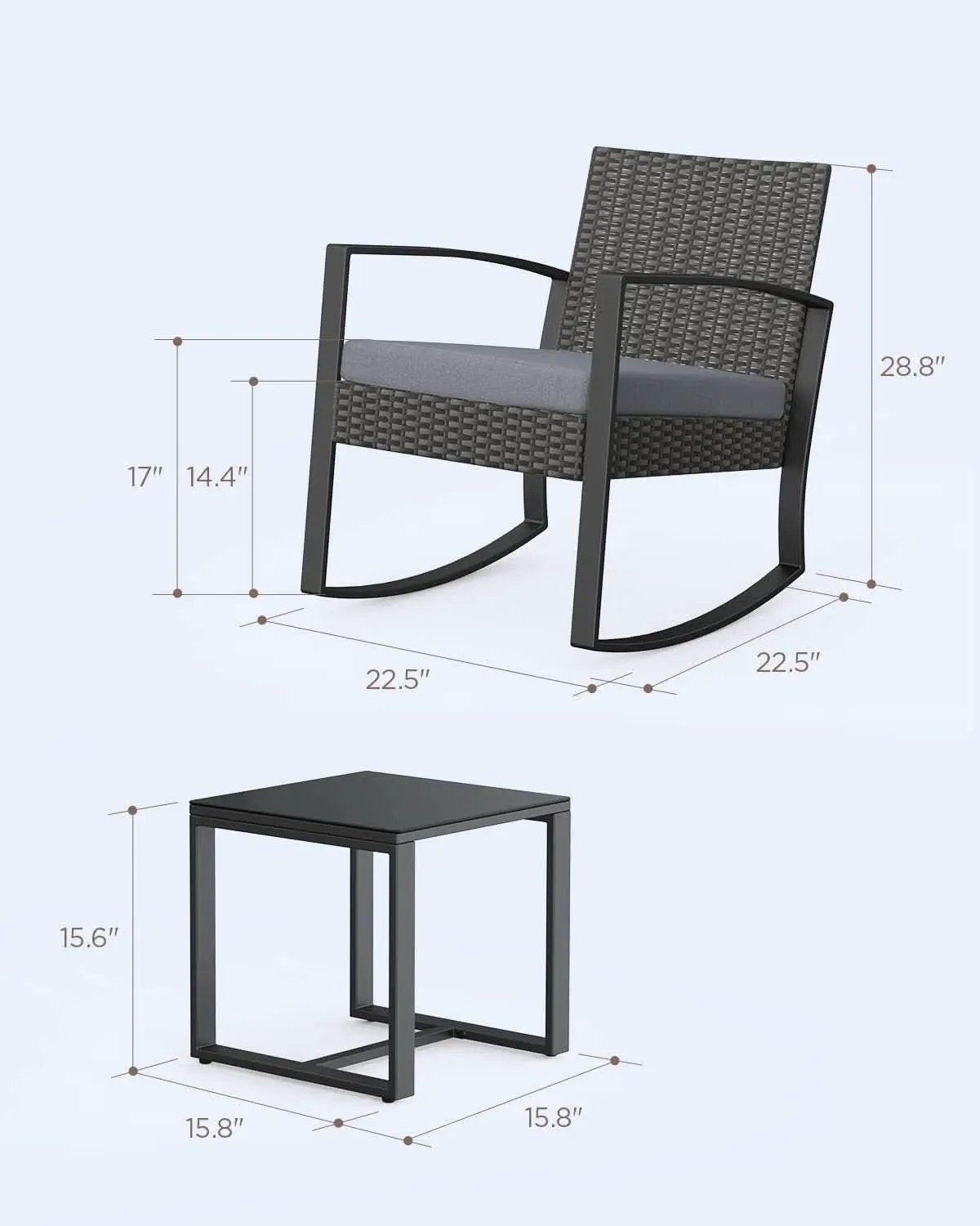 3 Piece Rattan Rocking Bistro Set With Coffee Table Outdoor Patio Furniture Grey Cushions from PriceLows™