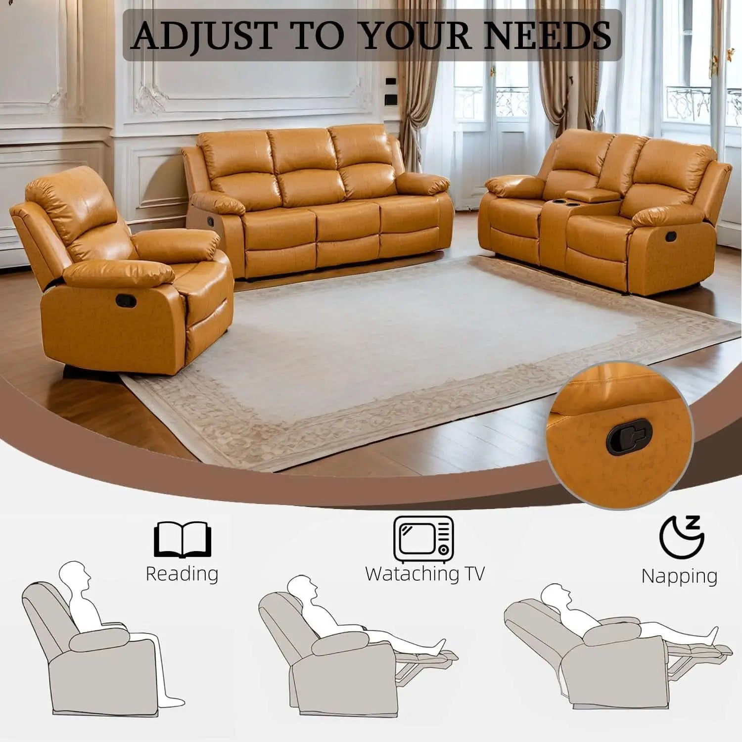 Ginger Leather Recliner Sofa Set 3 Piece With Storage from PriceLows™