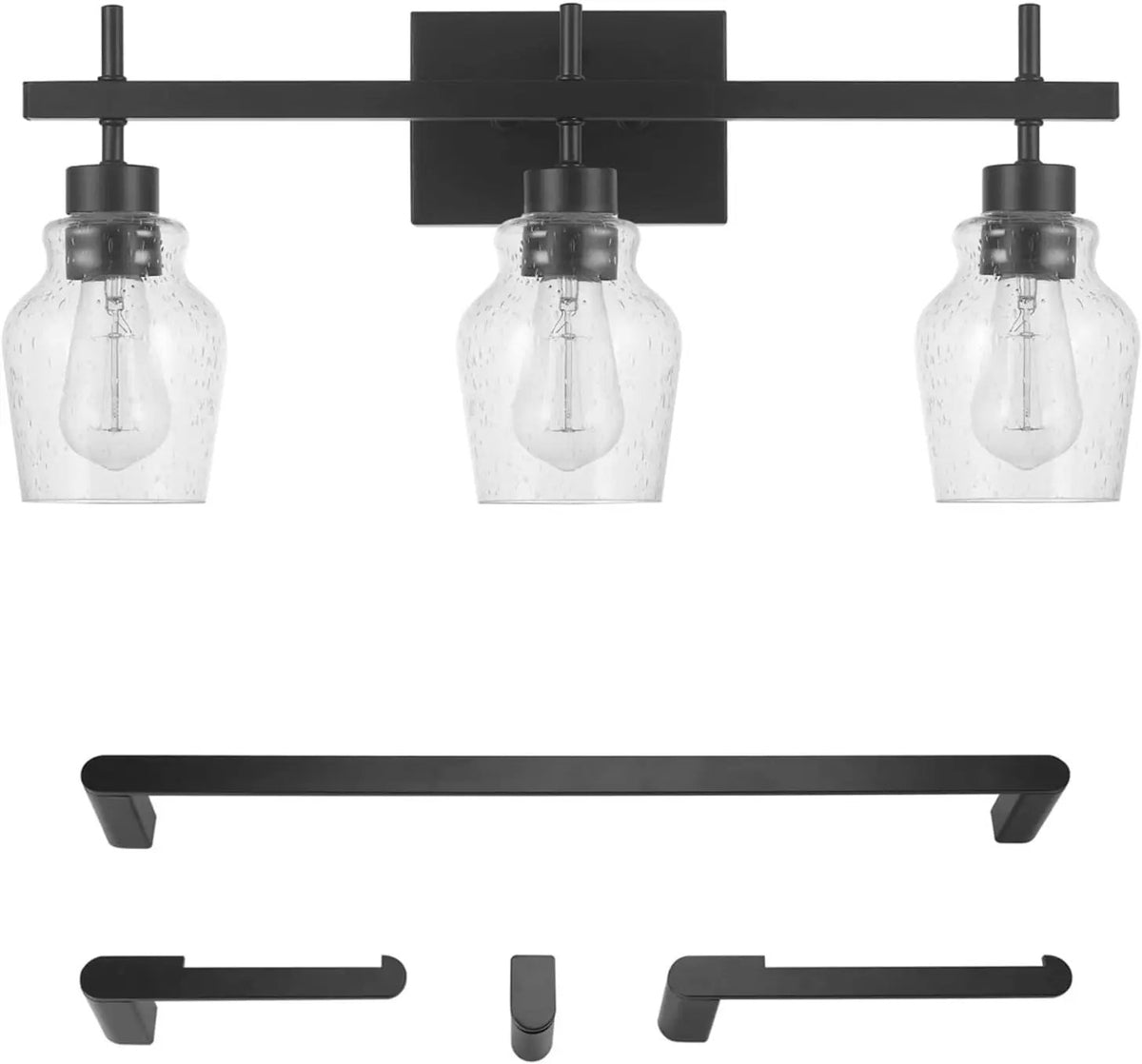 Bathroom Hardware Set | Matte Black | 3 Light Vanity | 5 Piece Kit