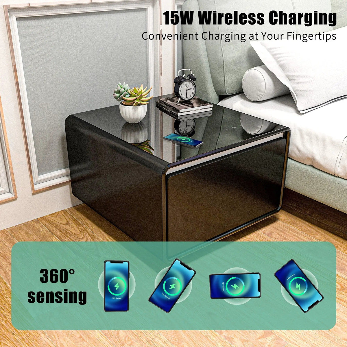 Modern Smart Side Table With Built-In Fridge, Wireless Charging, Temperature | 26.5 x 27.76 x 18.11 in | Living Room Furniture | Living Room