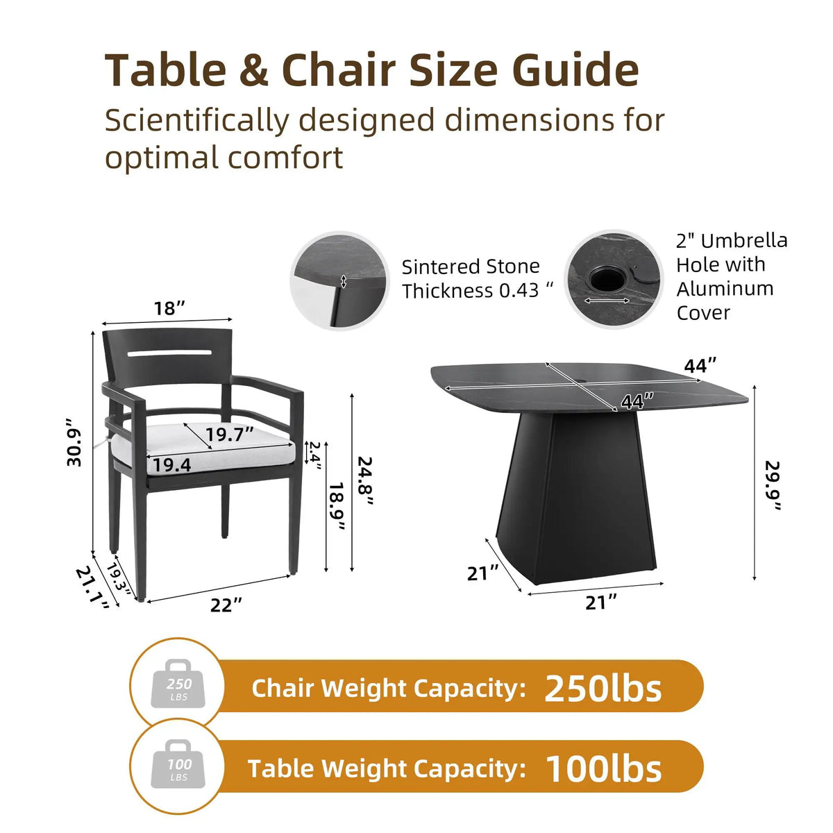 Outdoor Patio Dining Set | Squircle Sintered Stone Table | Sunbrella Cushion Chairs | Rust-Free Aluminum Frame