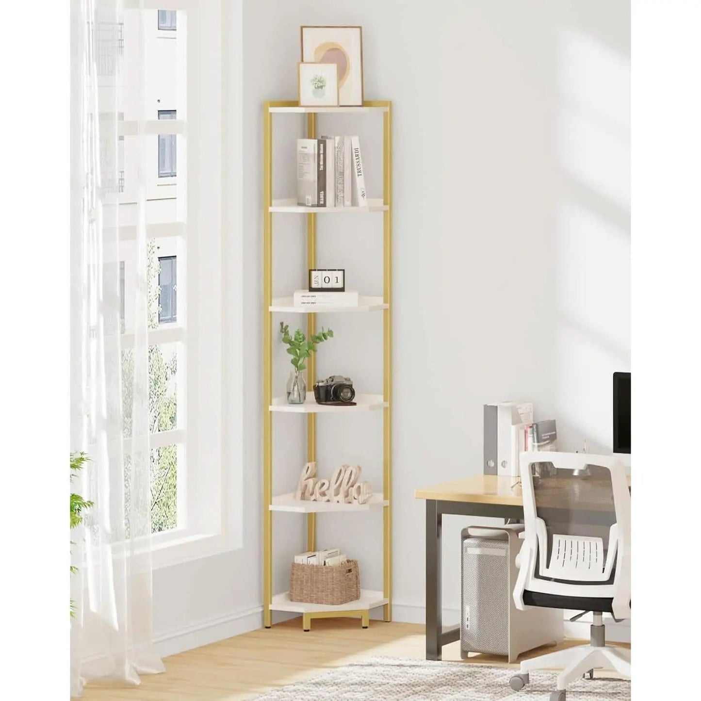6-Tier Corner Shelf Stand White Gold Finish For Living Room from PriceLows™