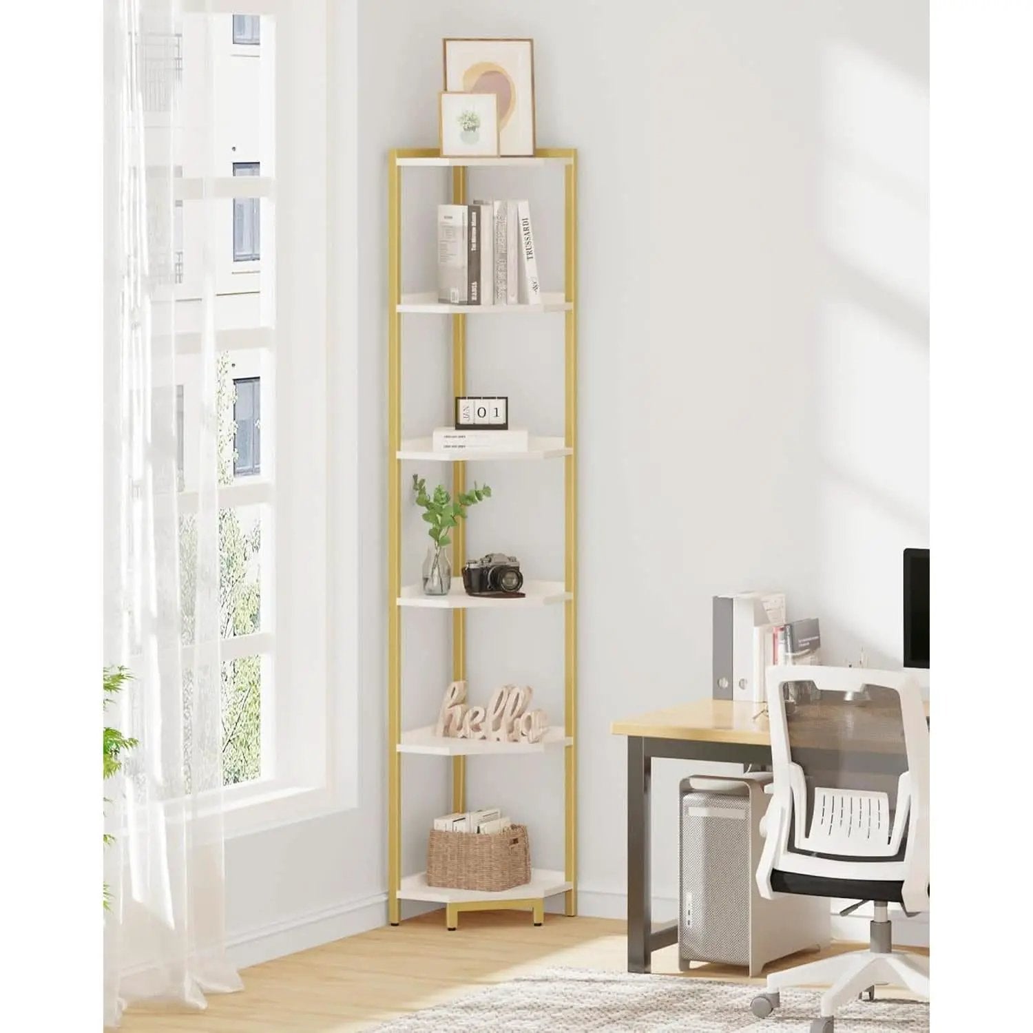 6-Tier Corner Shelf Stand White Gold Finish For Living Room from PriceLows™