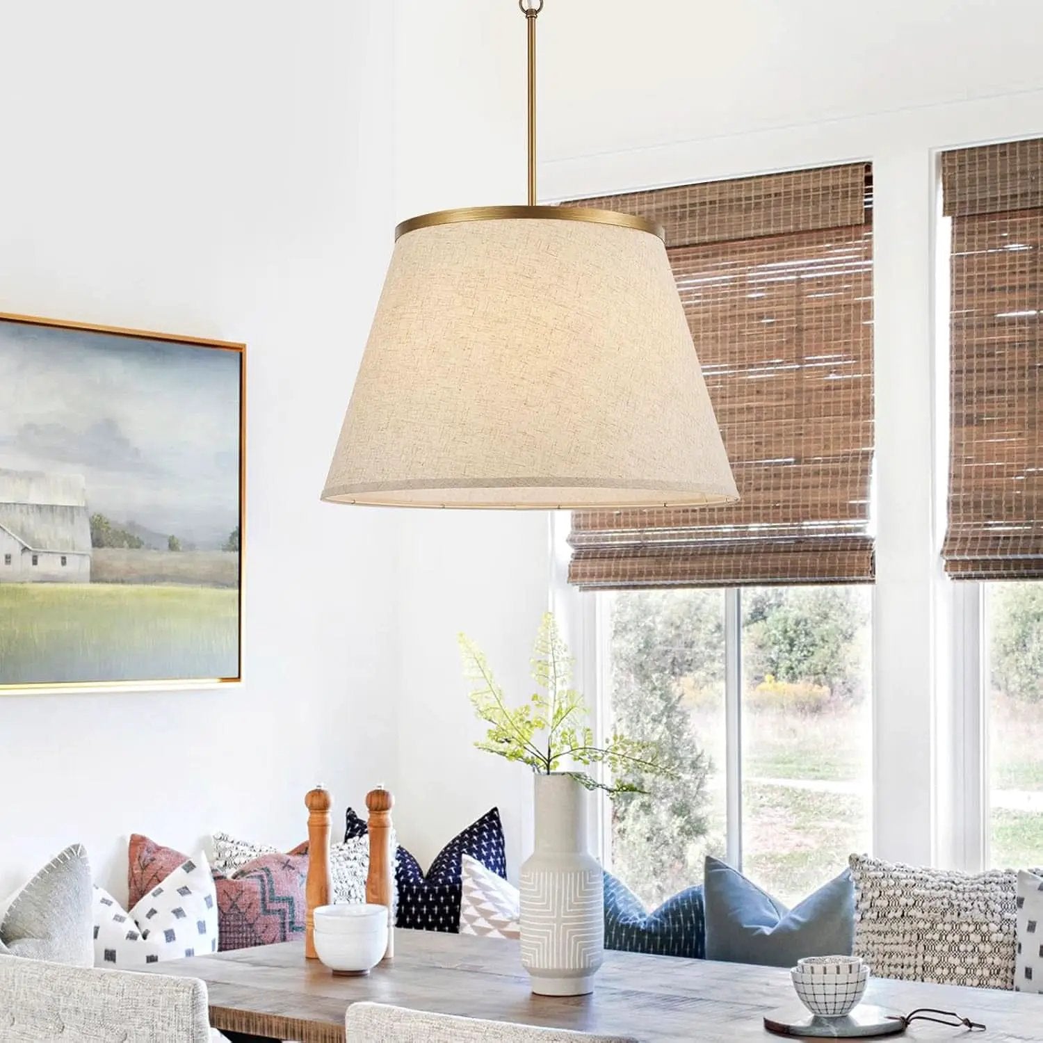 24 Inch Boho Fabric Drum Pendant Chandelier Antique Brass from PriceLows™