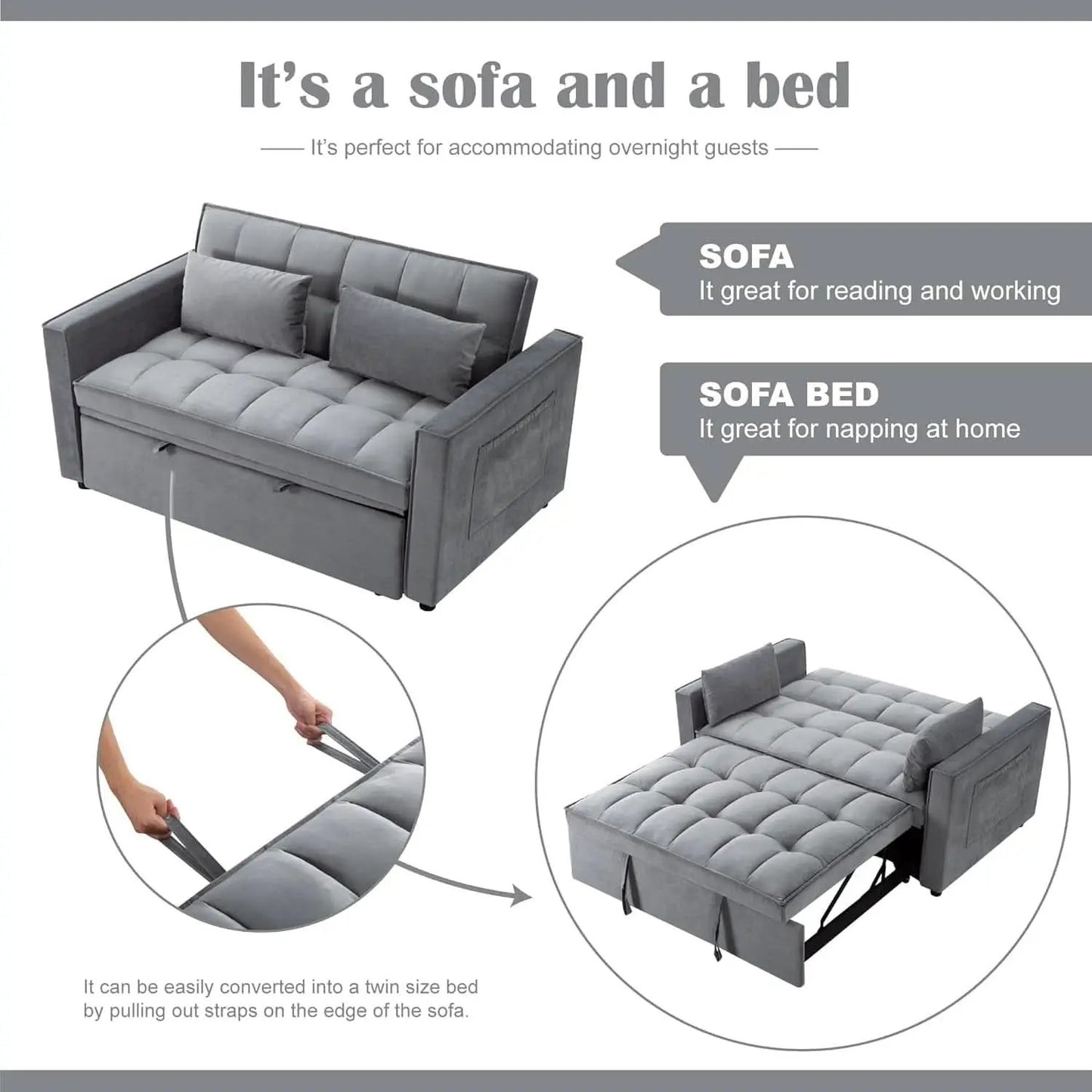 54 Inches Convertible Sofa Bed With Adjustable Backrest from PriceLows™