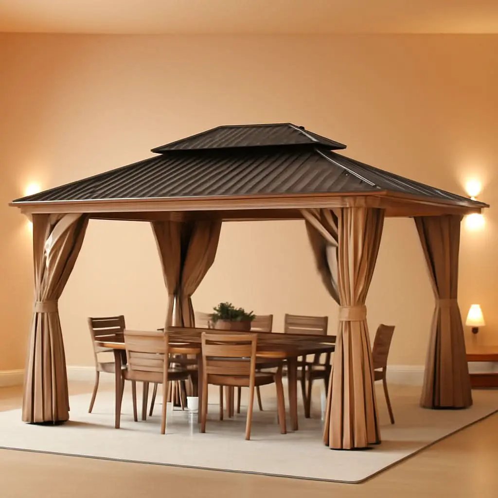 11x13 Wood Gazebo With Durable Outdoor Galvanized Steel Roof Netting And Curtains In Brown from PriceLows™