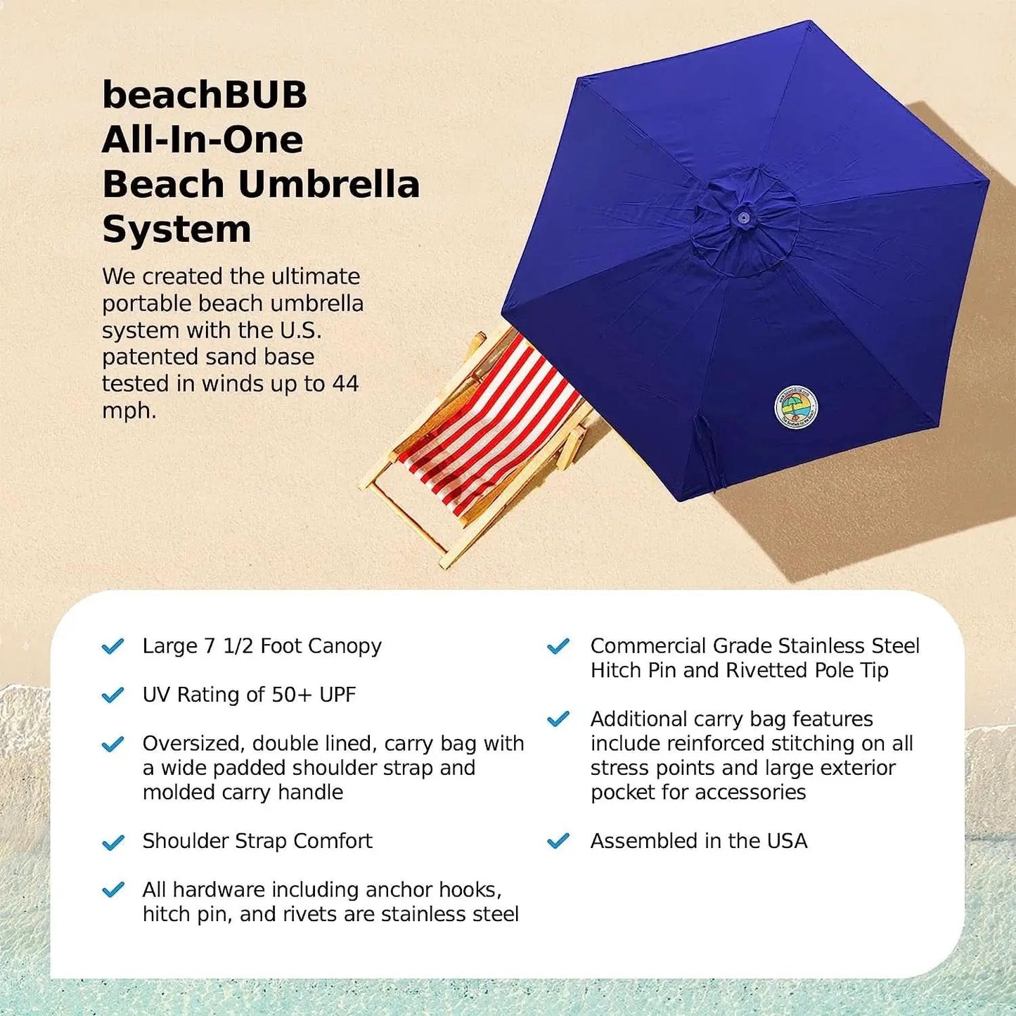 Deep Ocean Blue All In One Beach Umbrella System Ultra Base from PriceLows™