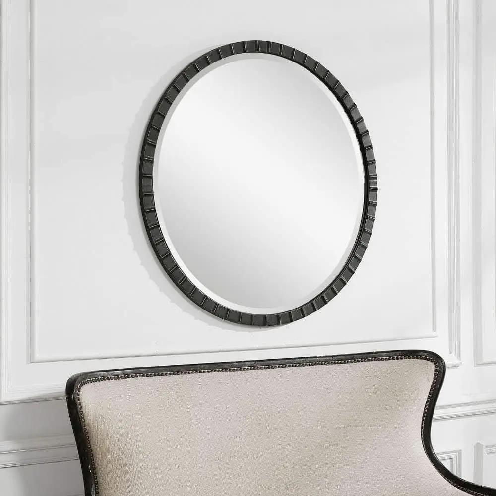34 Inch Round Industrial Mirror Wall Mounted Matte Black Silver Finish from PriceLows™