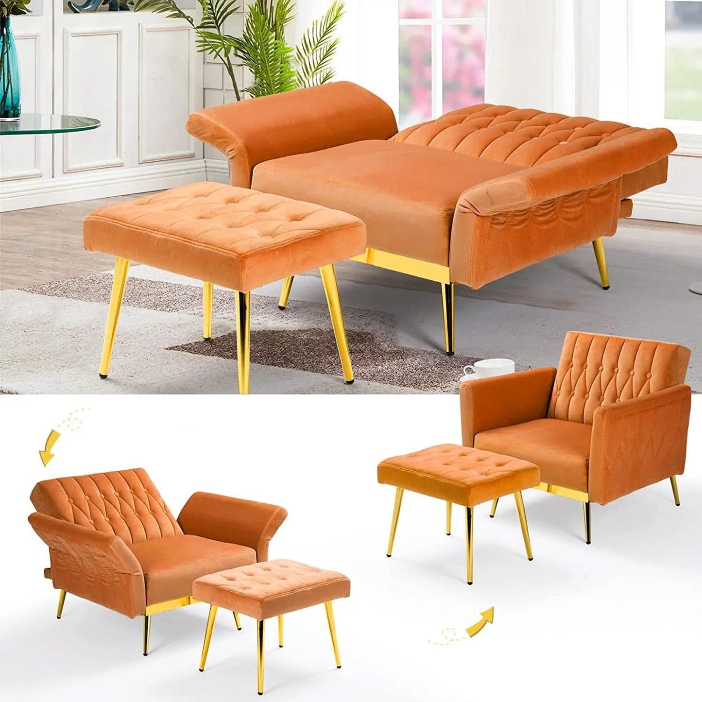Orange Velvet Accent Chair With Adjustable Armrests And Backrest from PriceLows™
