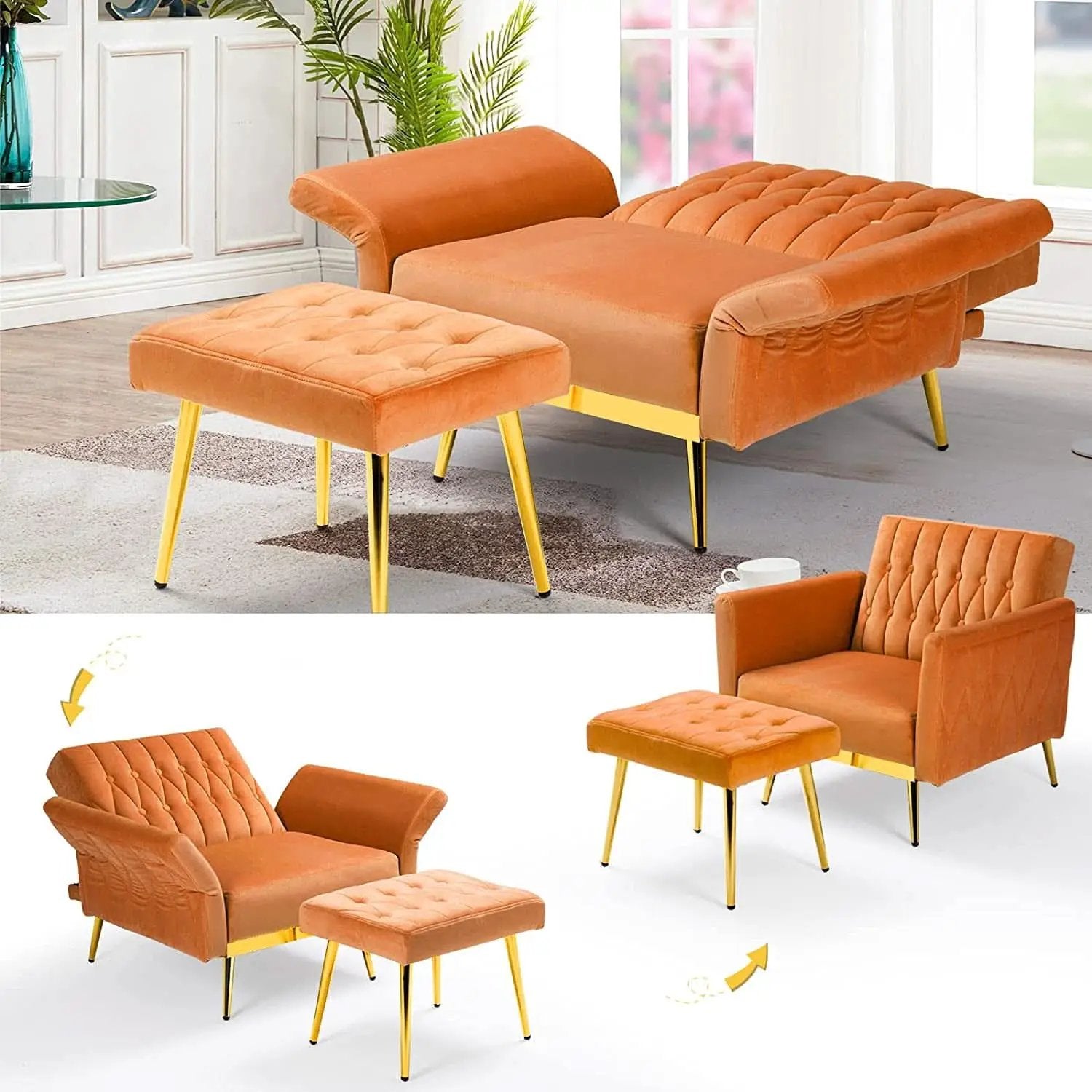 Orange Velvet Accent Chair With Adjustable Armrests And Backrest from PriceLows™