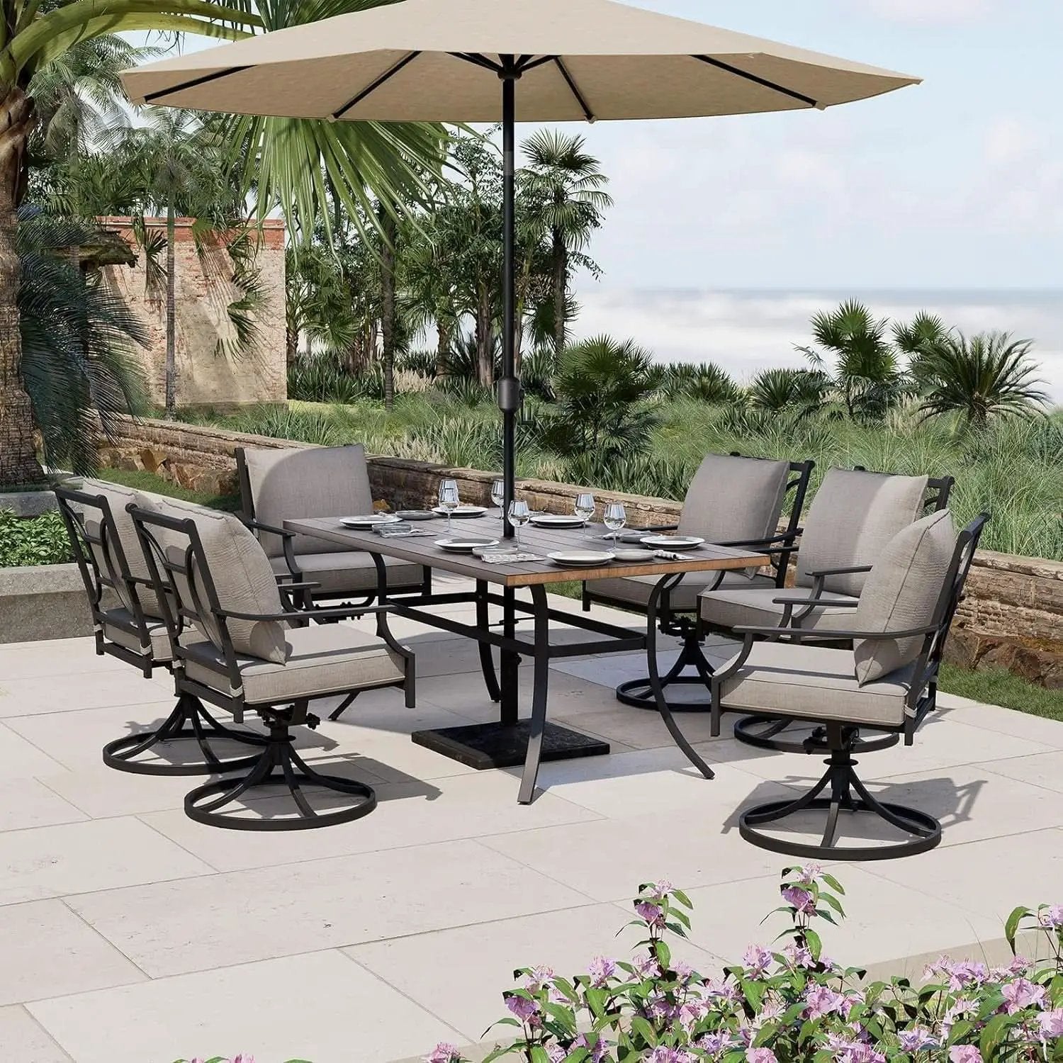 7 Piece Patio Dining Set For 6 With Swivel Chairs And Olefin Cushions from PriceLows™