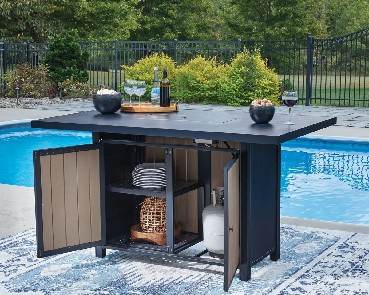 East Beach Rectangular Bar Table With Fire Pit | 70 x 42 x 39 in | Glass & Stainless Steel | Blue