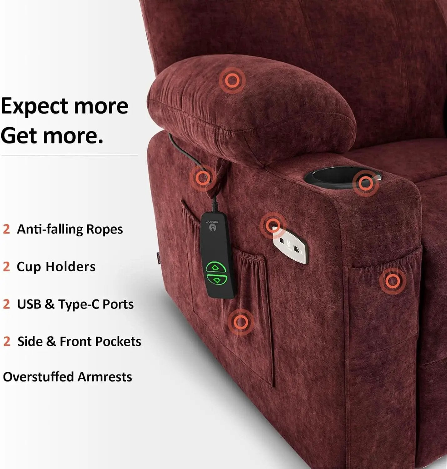Large Power Lift Recliner With Massage And USB Sangria from PriceLows™