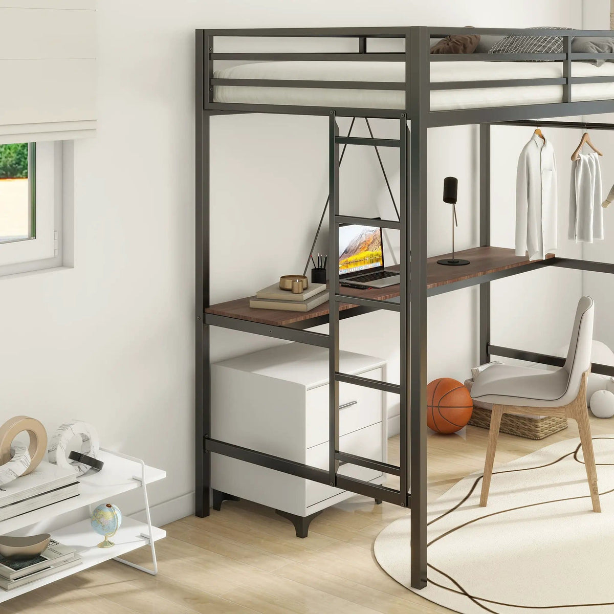 Adam Twin Loft Bunk Bed With Cinnamon Wood Desk And Closet Rod | 76.69 x 40.94 x 72.01 in | Metal & Wood | Black