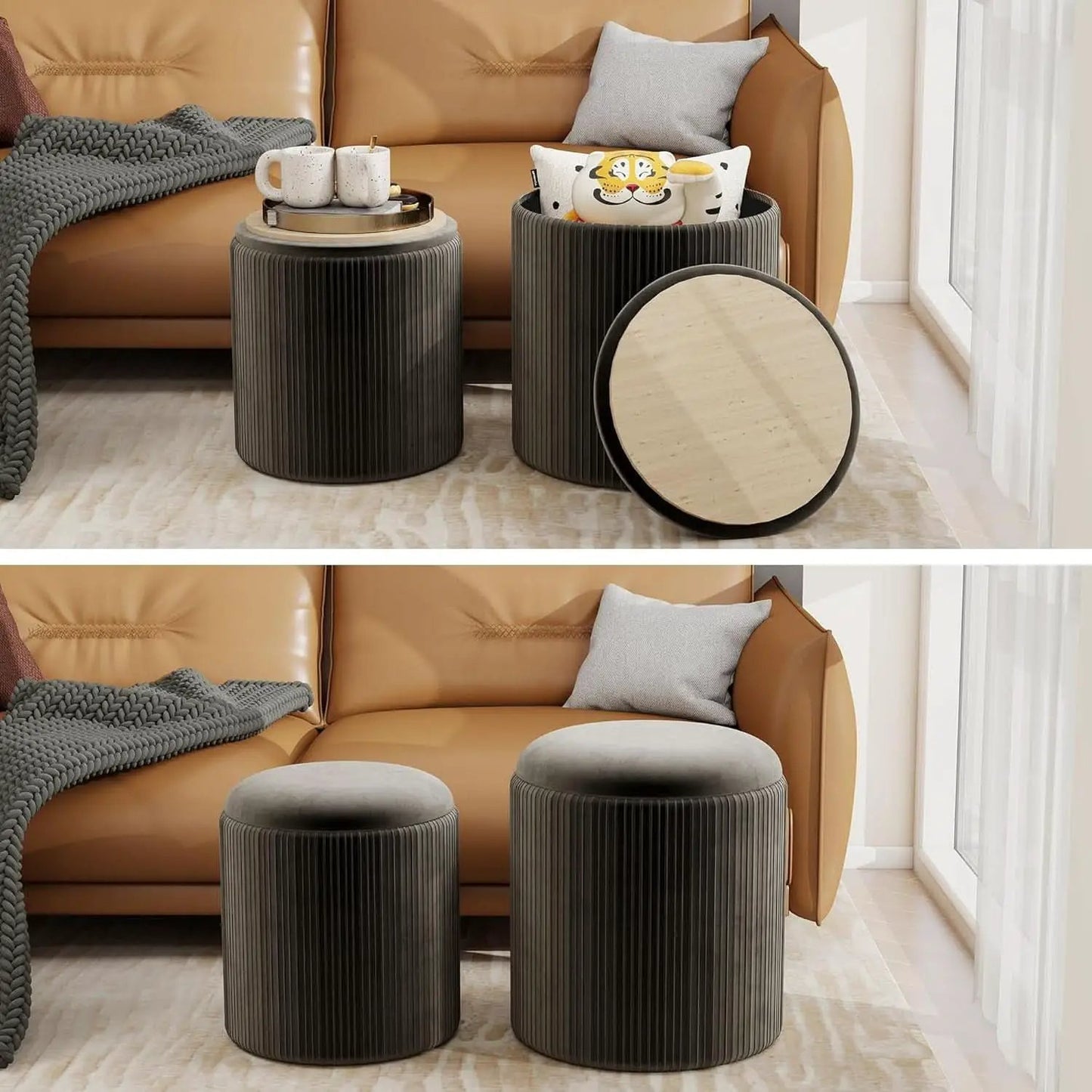 Round Velvet Storage Ottoman Black Lacquered Finish from PriceLows™