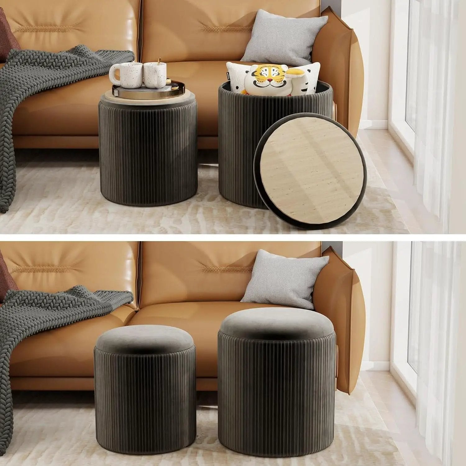 Round Velvet Storage Ottoman Black Lacquered Finish from PriceLows™