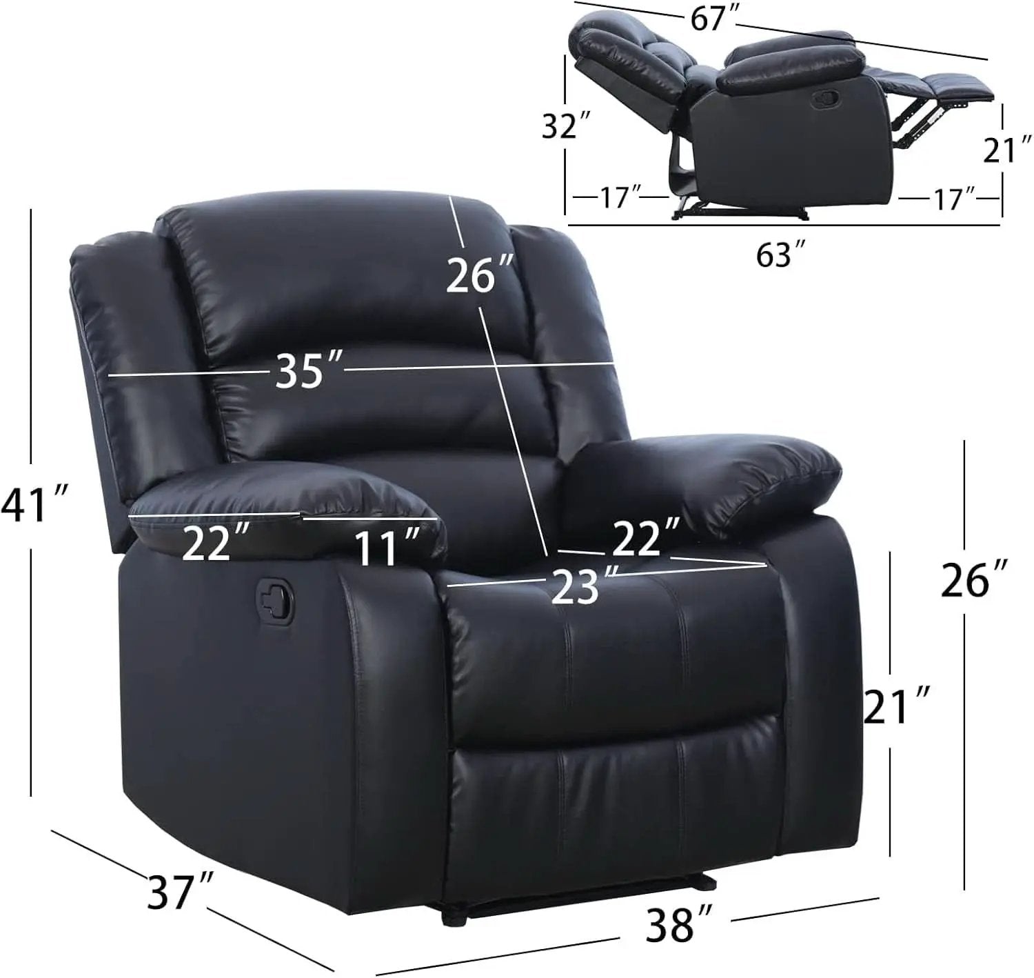 Black Recliner Chair Set of 2 With Overstuffed Cushions from PriceLows™