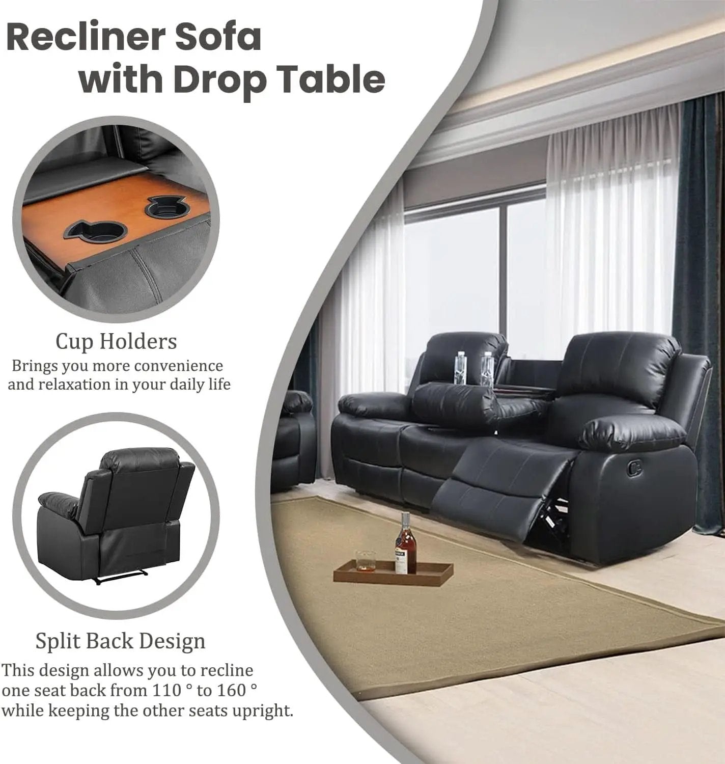 Manual Recliner Sofa Set Black With Cup Holder Storage Console