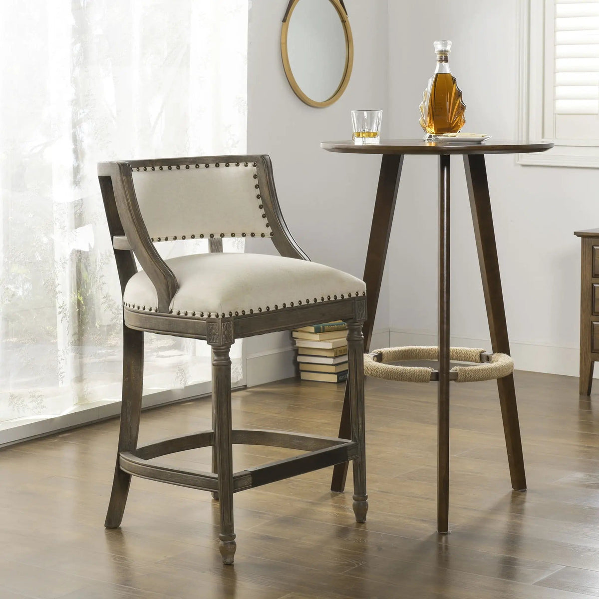Paris Farmhouse Counter Height Bar Stool With Backrest Counter Height (24"-27") | 21 x 21.5 x 36.5 in | Wood & Brass | Dining Room