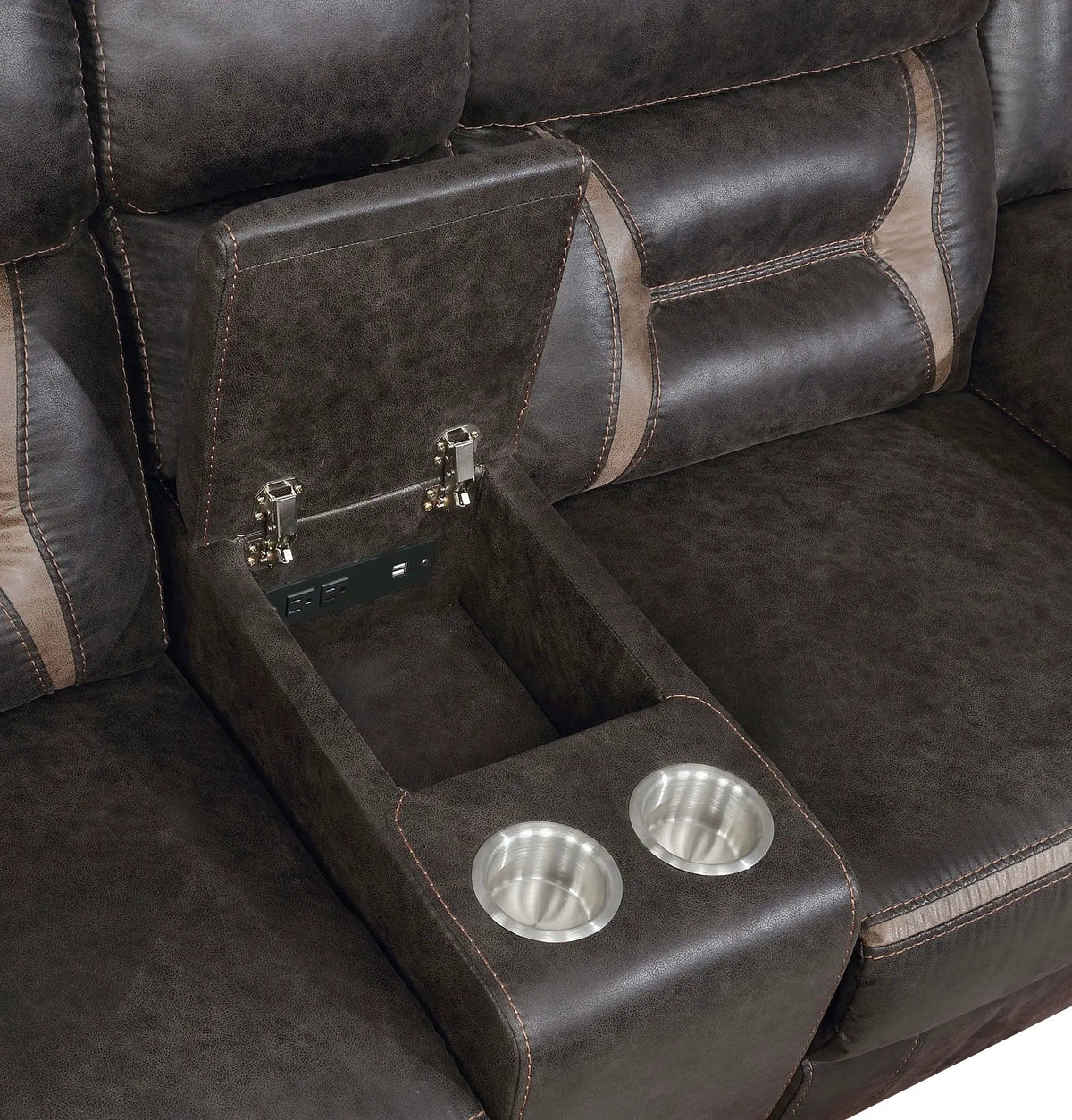 Greer Upholstered Motion Reclining Loveseat | 77 x 38 x 40 in | Engineered Wood & Stainless Steel | Brown