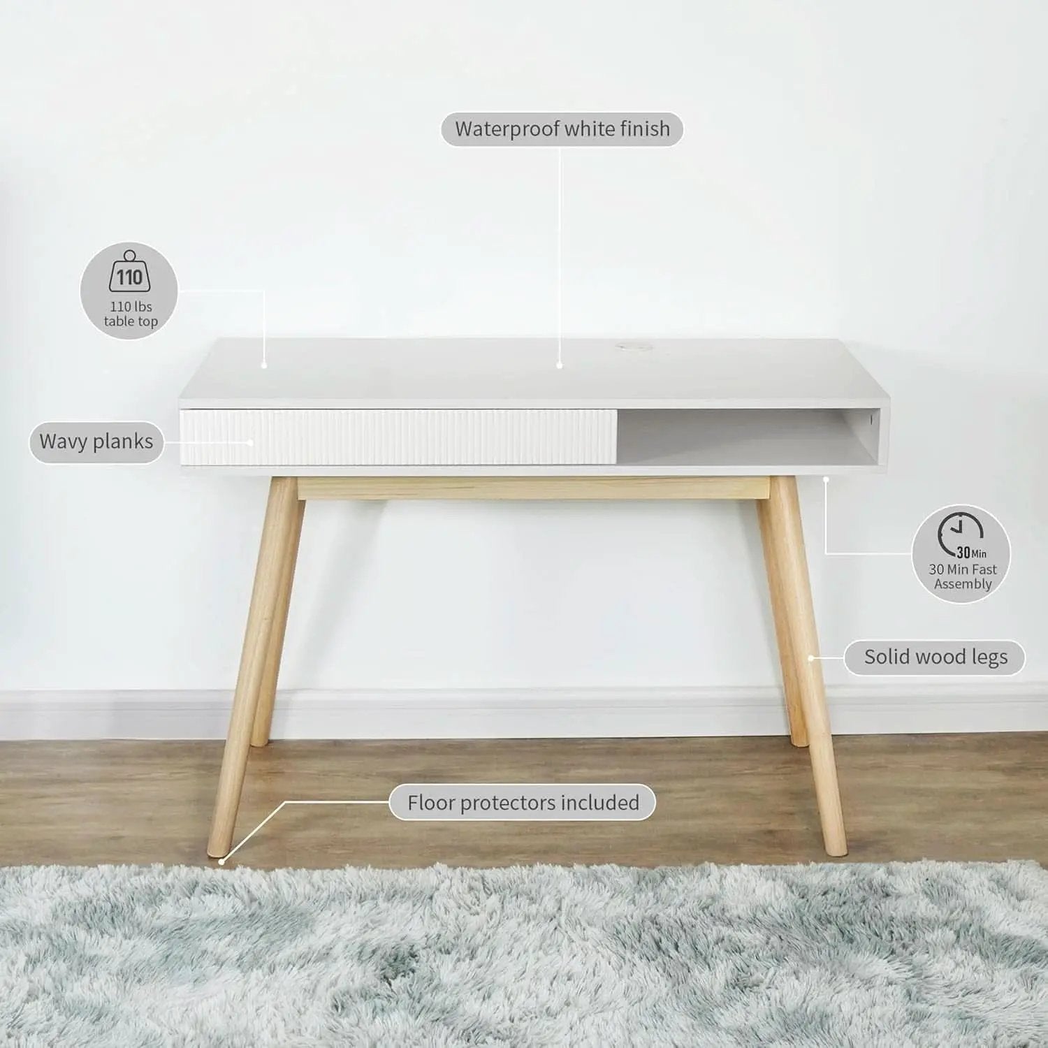 White Mid Century Modern Desk With Hidden Drawer For Home Office from PriceLows™