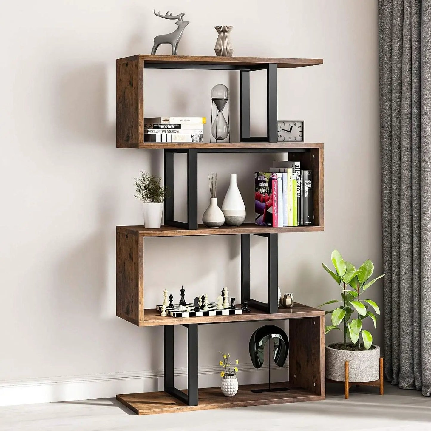 S Shaped 5 Tier Bookshelf Bookcase In Retro Brown Finish from PriceLows™