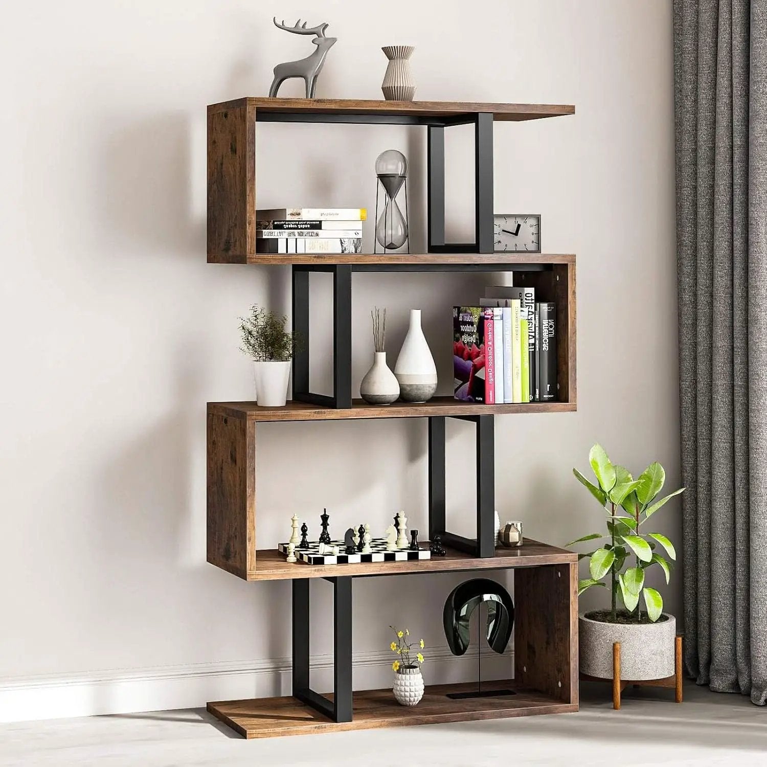 S Shaped 5 Tier Bookshelf Bookcase In Retro Brown Finish from PriceLows™