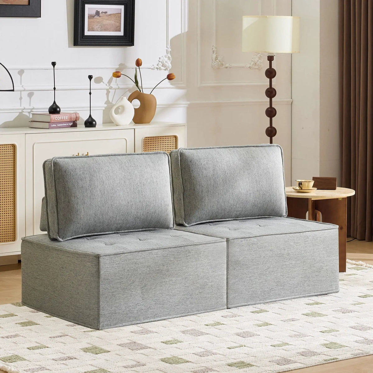 Sofa With Modular Splicing Design Armless Chair | 2 Pieces | Solid Wood & Linen | Living Room
